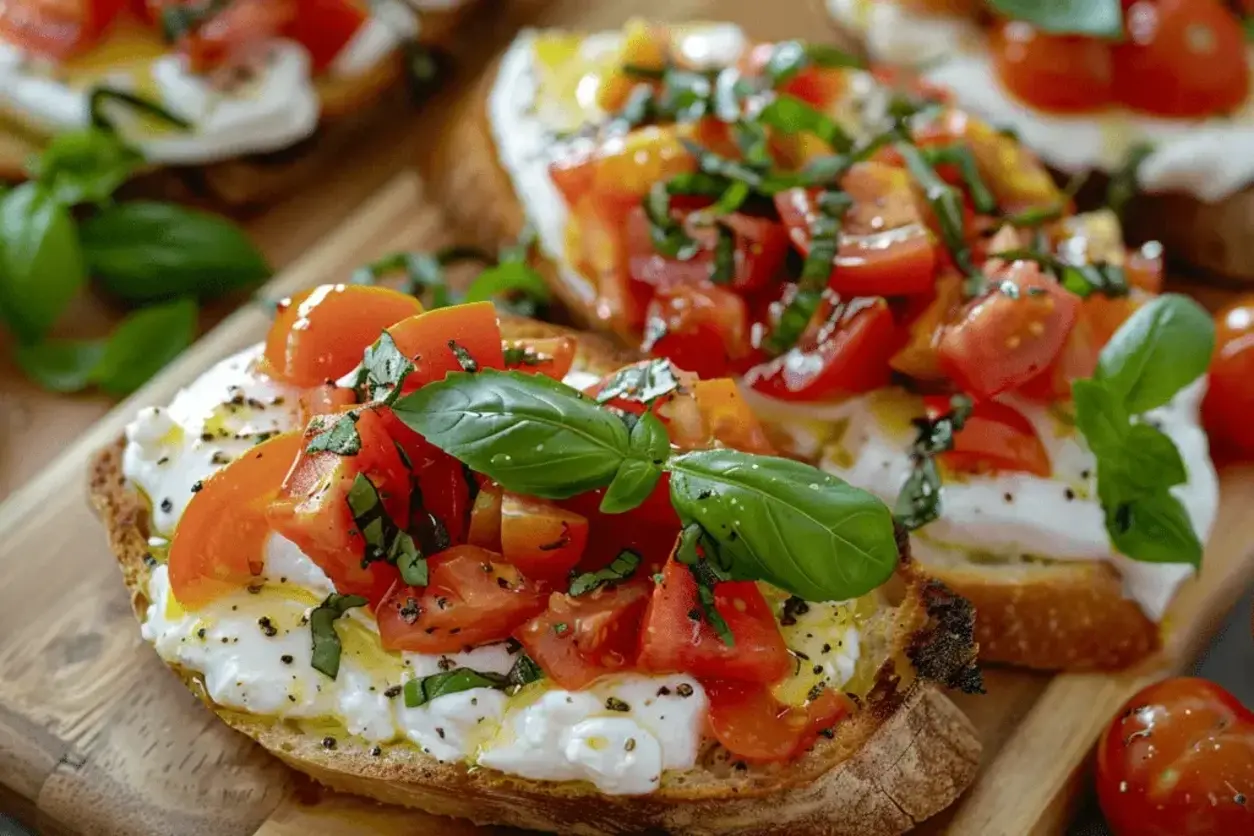 An overhead view of multiple elegant Burrata Bruschetta pieces on a serving platter, drizzled with balsamic glaze and surrounded by fresh herbs, ready for a festive gathering.