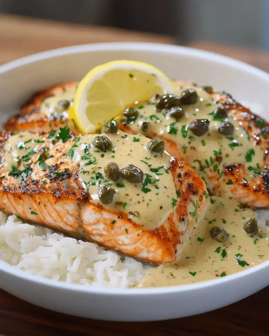 Plated creamy garlic salmon with caper sauce and garnishes