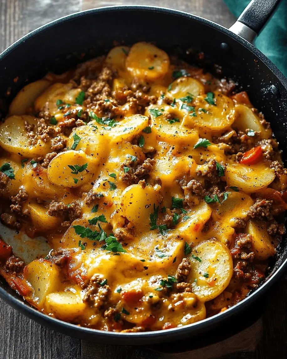 Ingredients for cheesy ground beef potato skillet being prepared
