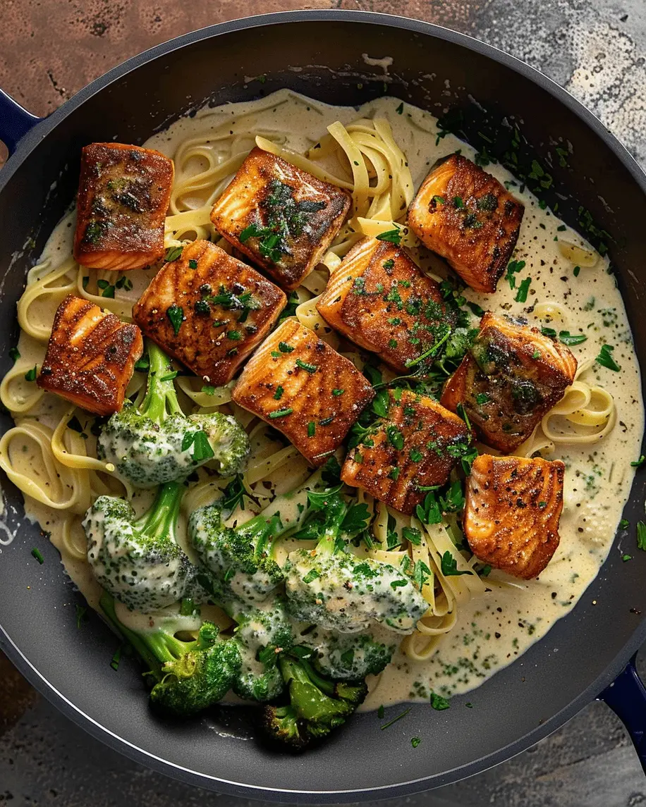 Close-up of the finished Blackened Salmon and Broccoli Alfredo, highlighting the creamy sauce, charred salmon, and vibrant broccoli in a delicious plated presentation.