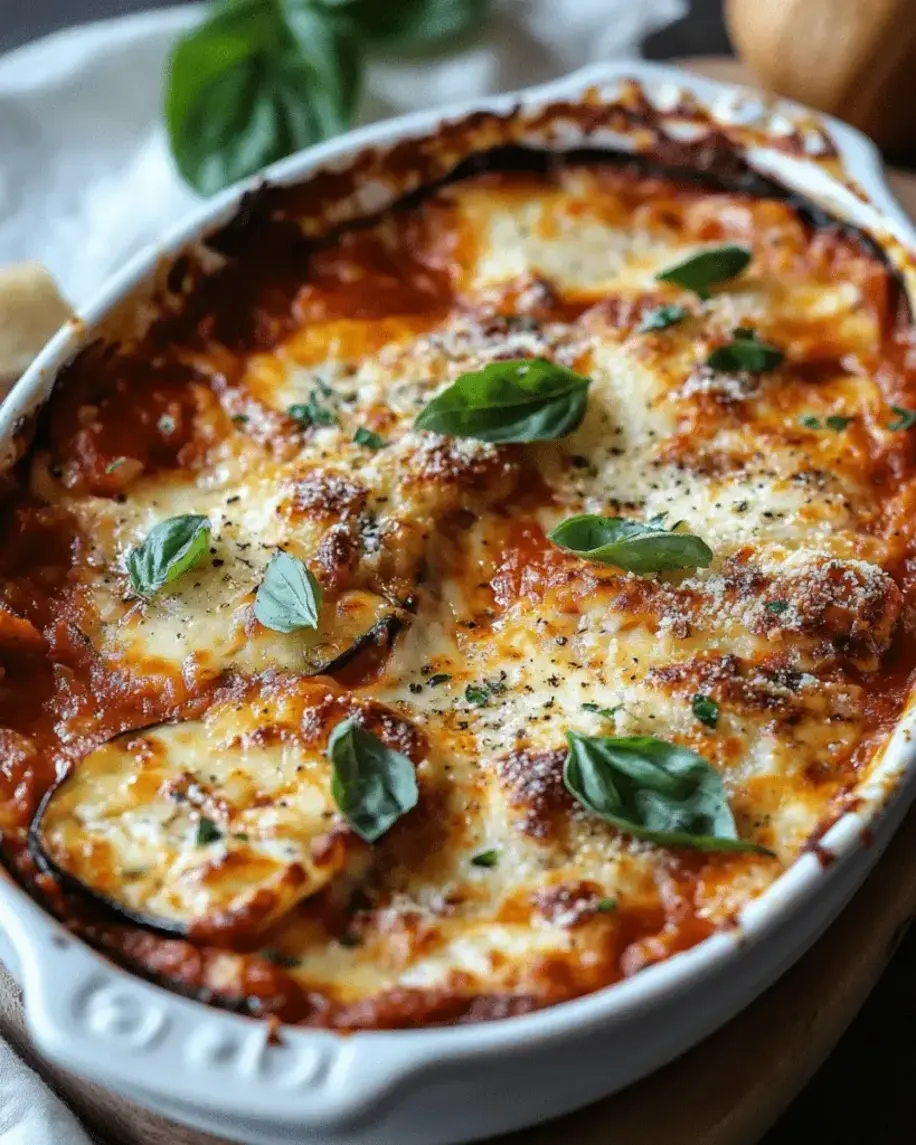 Close-up slice of Baked Eggplant Parmesan Casserole on a plate with salad