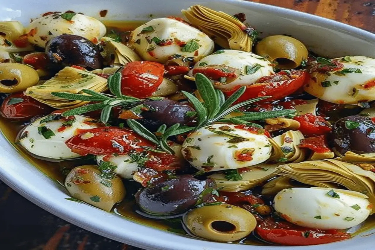 A vibrant close-up of marinated mozzarella balls, artichokes, and olives in a bowl, showcasing their fresh, glossy marinade.