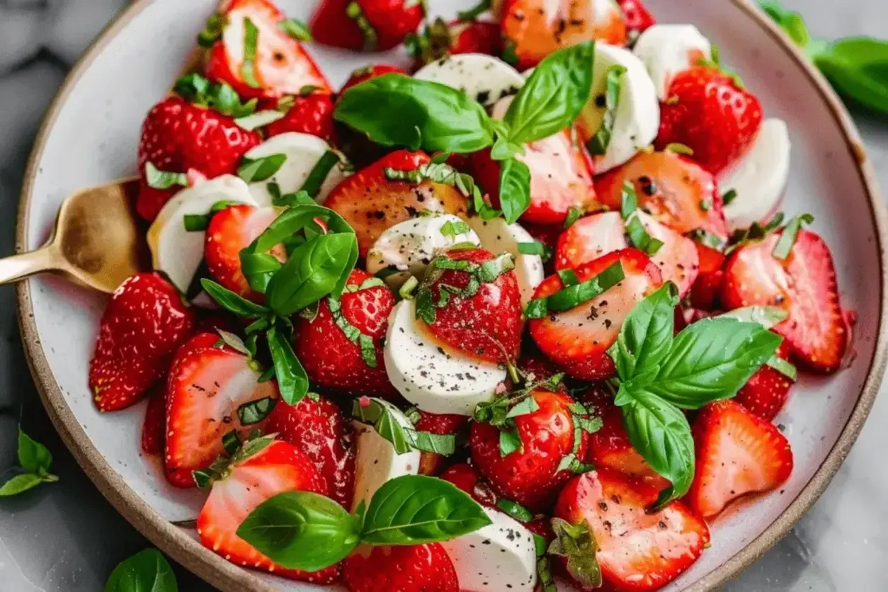 Close-up of balsamic drizzle on strawberry mozzarella caprese salad