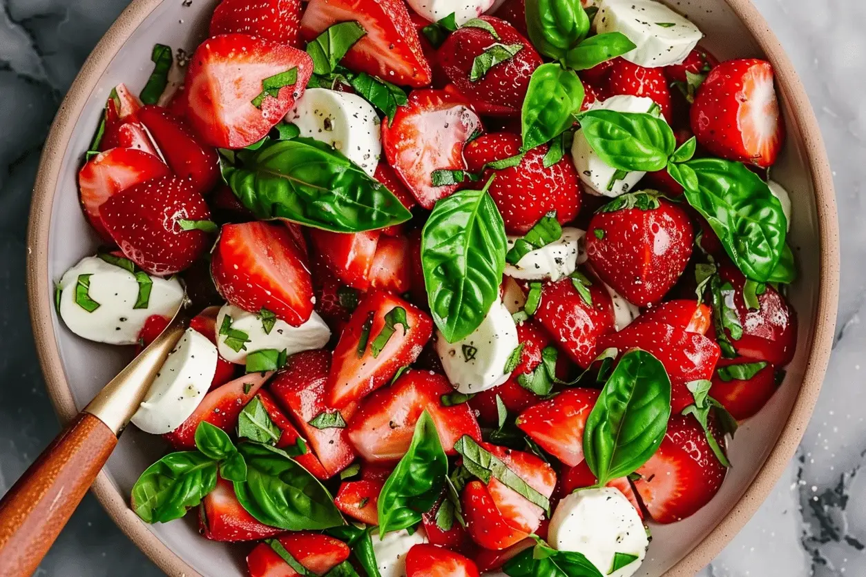 Vibrant strawberries and mozzarella arranged in a balsamic strawberry caprese salad