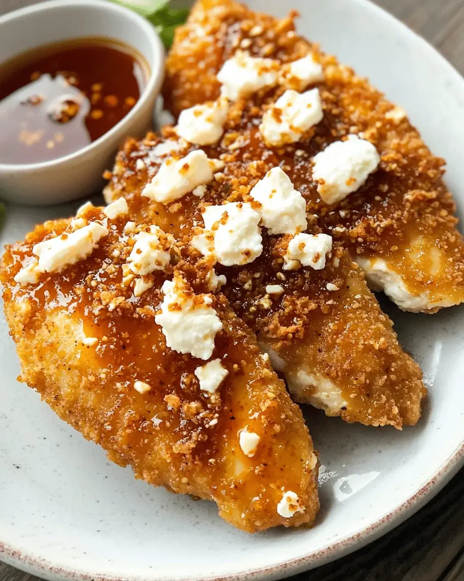 Crispy and golden Spicy Honey-Crispy Chicken with Feta marinating in the saucepan, showcasing the sweet and spicy glaze