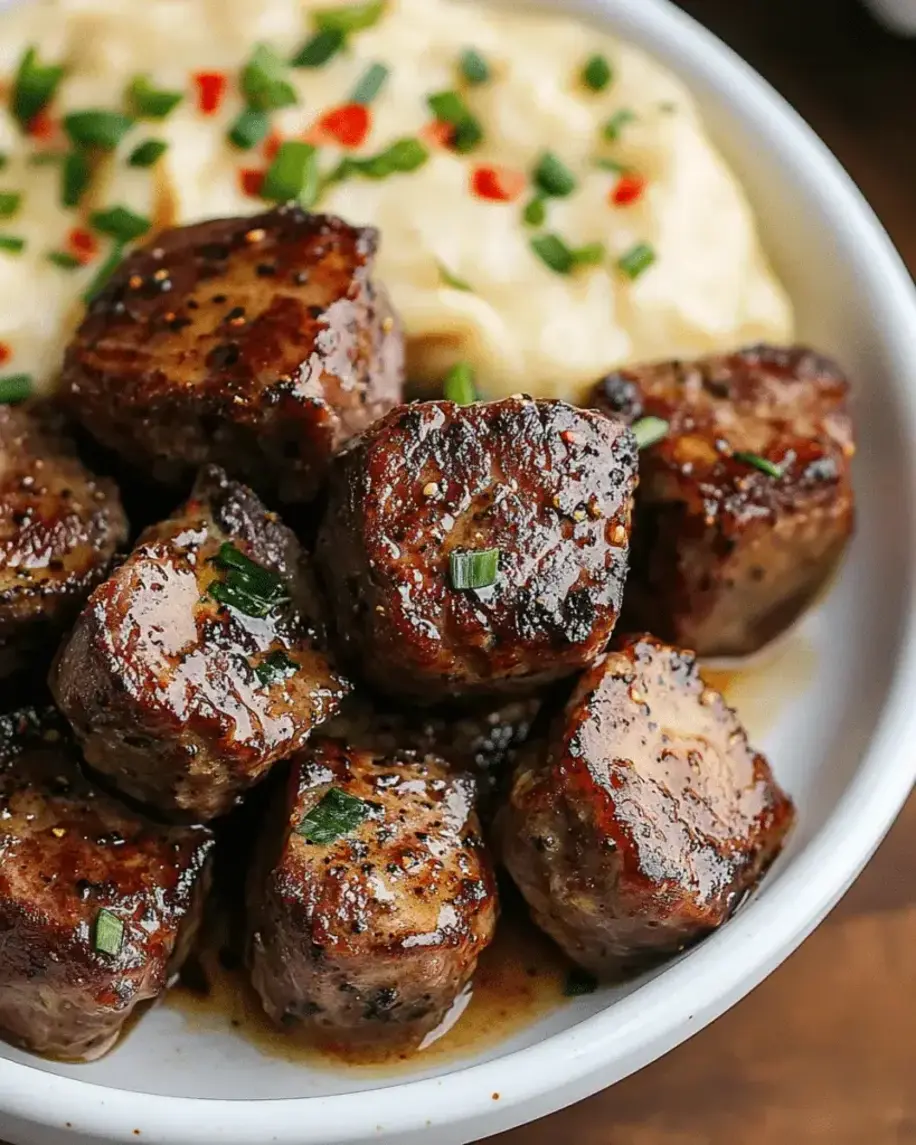 Garlic butter steak bites presented on a plate with cheesy mashed potatoes and parmesan cream sauce