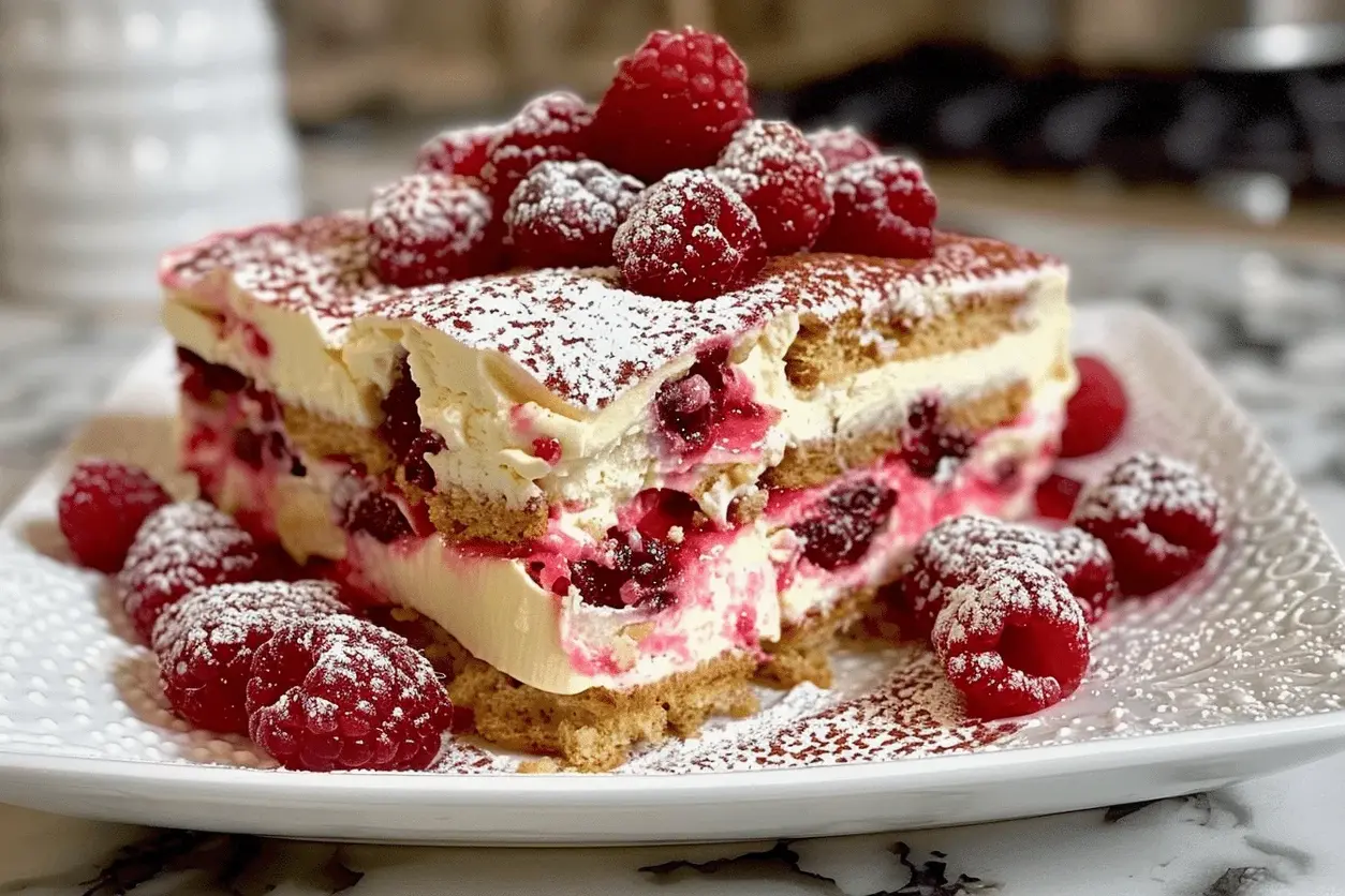 Layers of creamy mascarpone and raspberry in a tiramisu dish