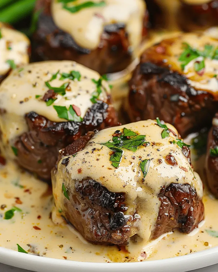 Tender garlic butter steak bites sizzling in a pan with parmesan cream sauce drizzled over them
