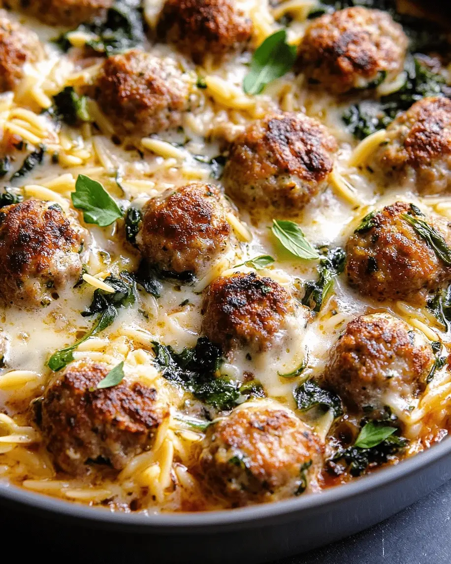 Baked orzo and meatballs in a casserole dish, fresh from the oven