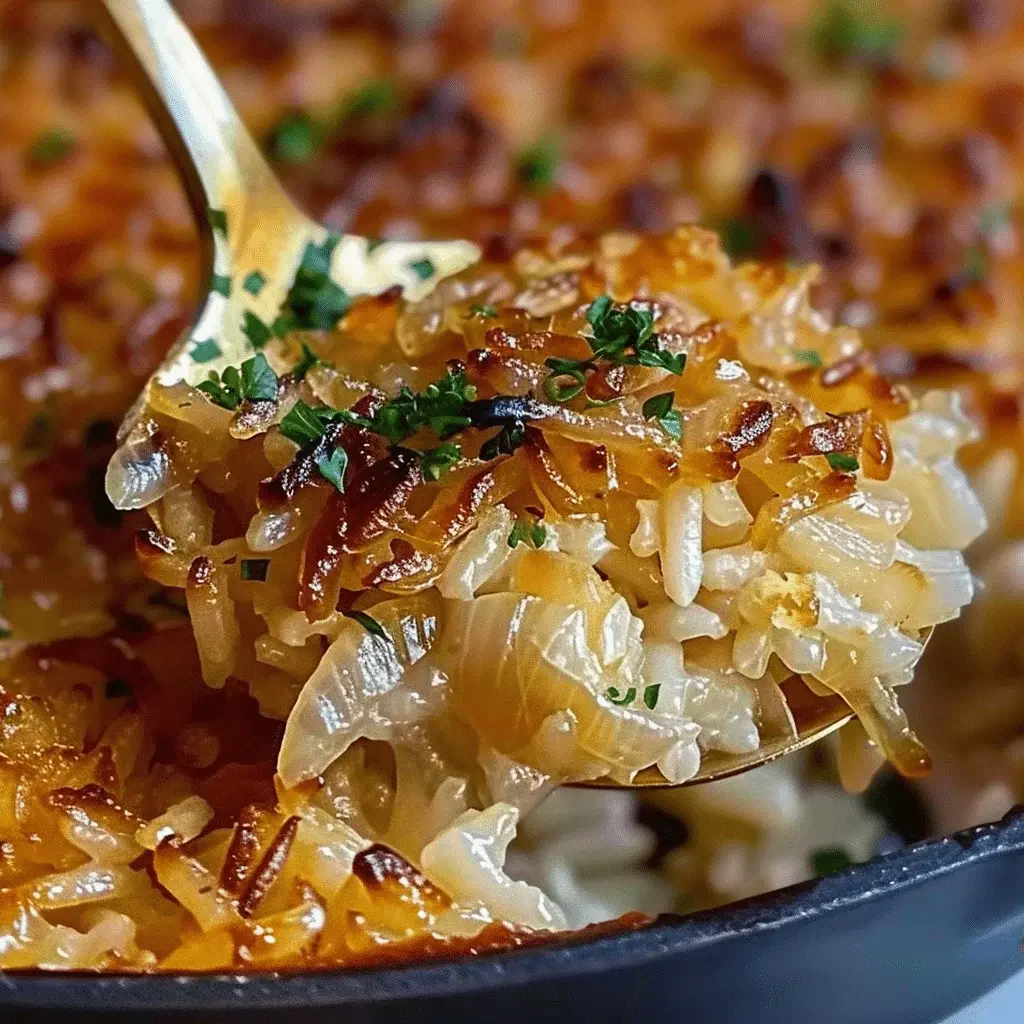Caramelized onions and rice cooking in a pot for French Onion Butter Rice.