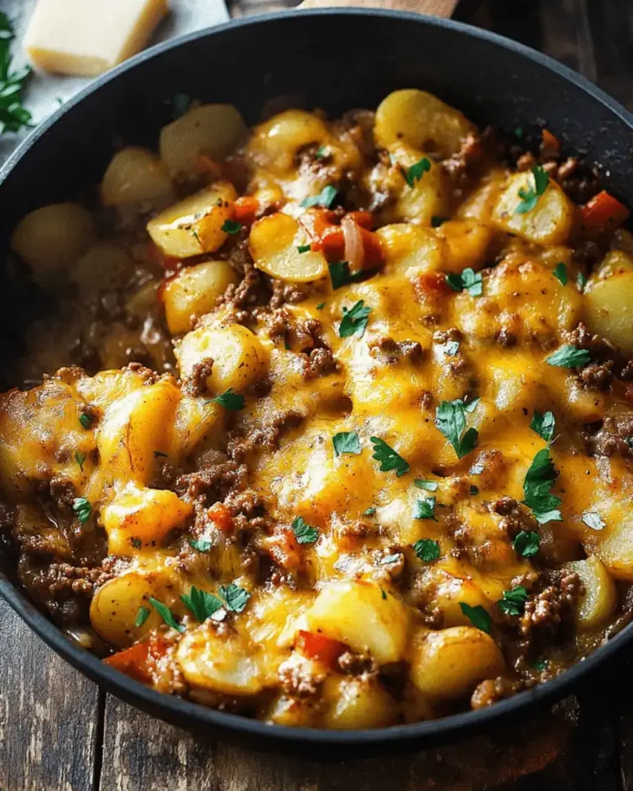 Finished cheesy ground beef potato skillet dish ready to serve