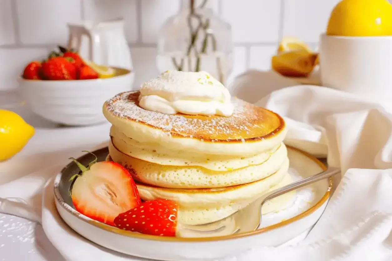 Finished stack of Cloud-like Lemon Soufflé Pancakes ready to serve with lemon slices