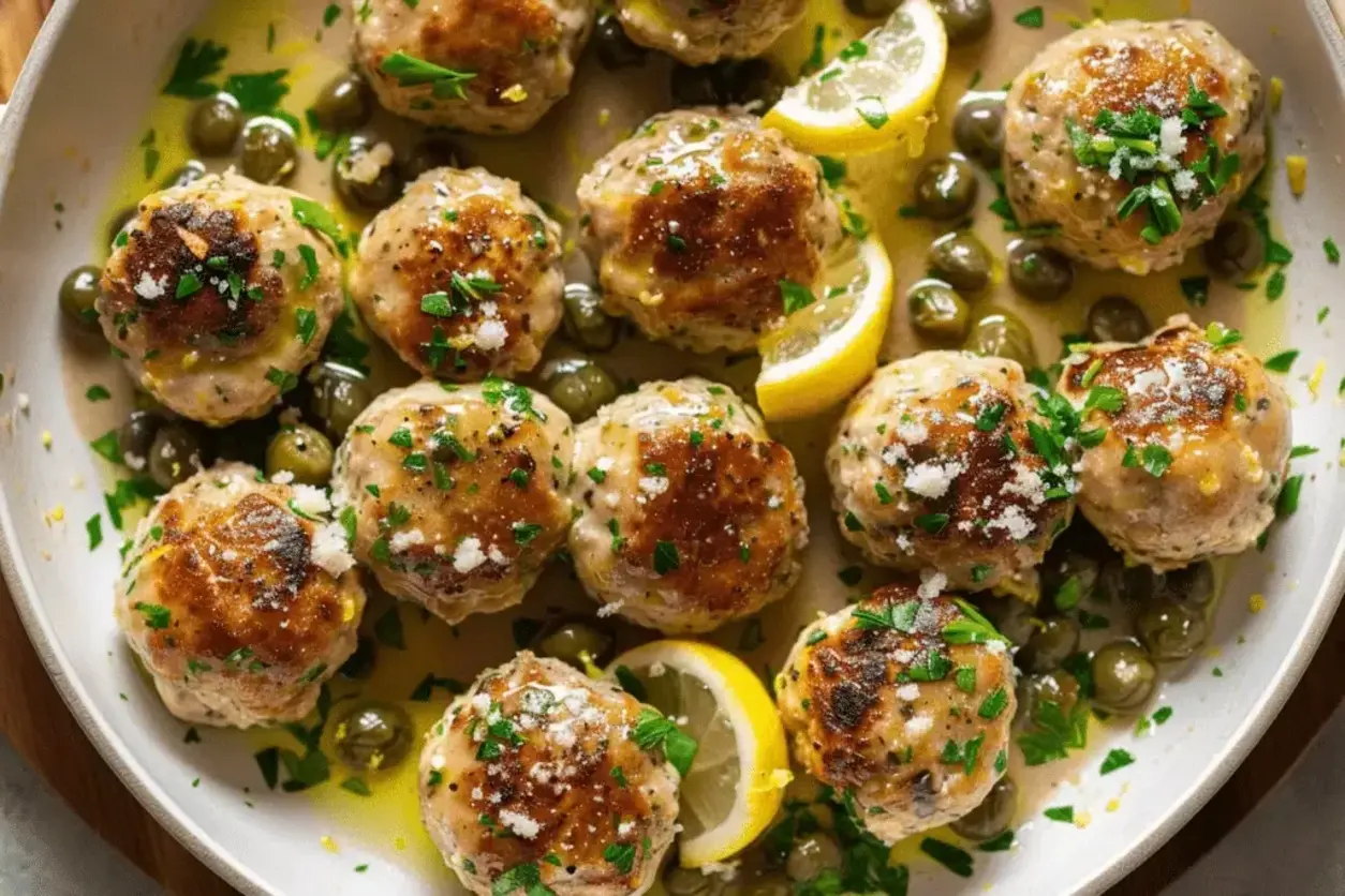 Juicy chicken piccata meatballs sizzling in the pan with lemon and capers