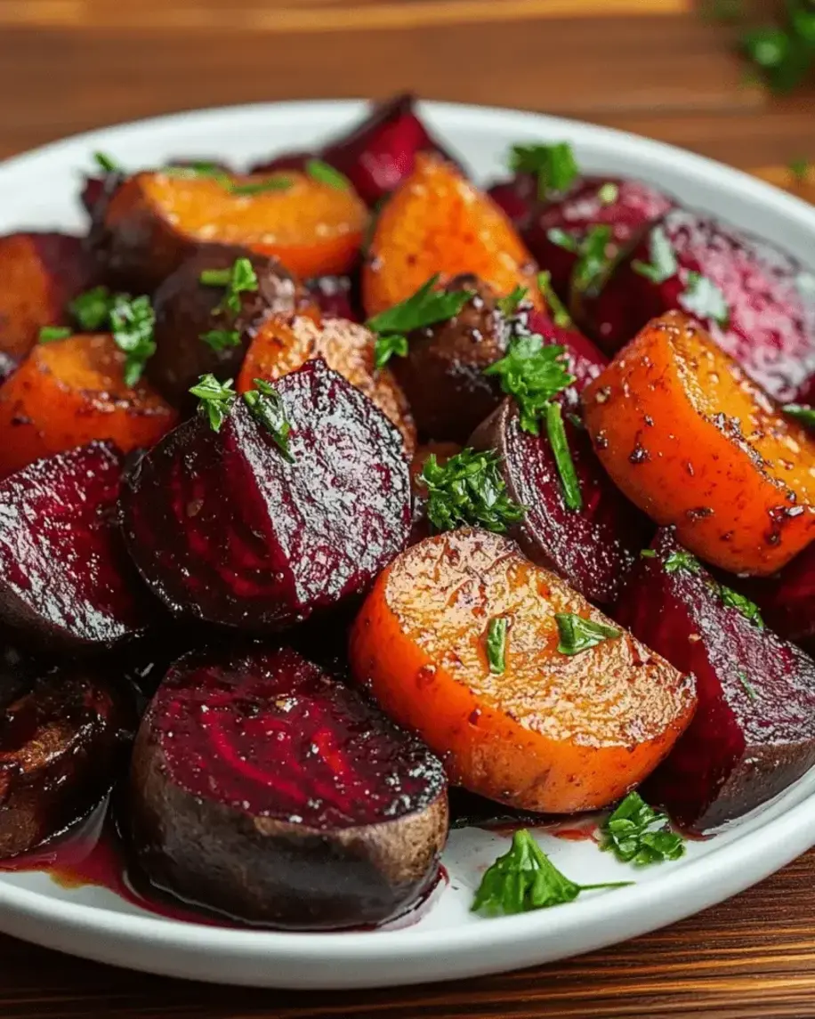 Final plated sweet maple roasted beets and carrots