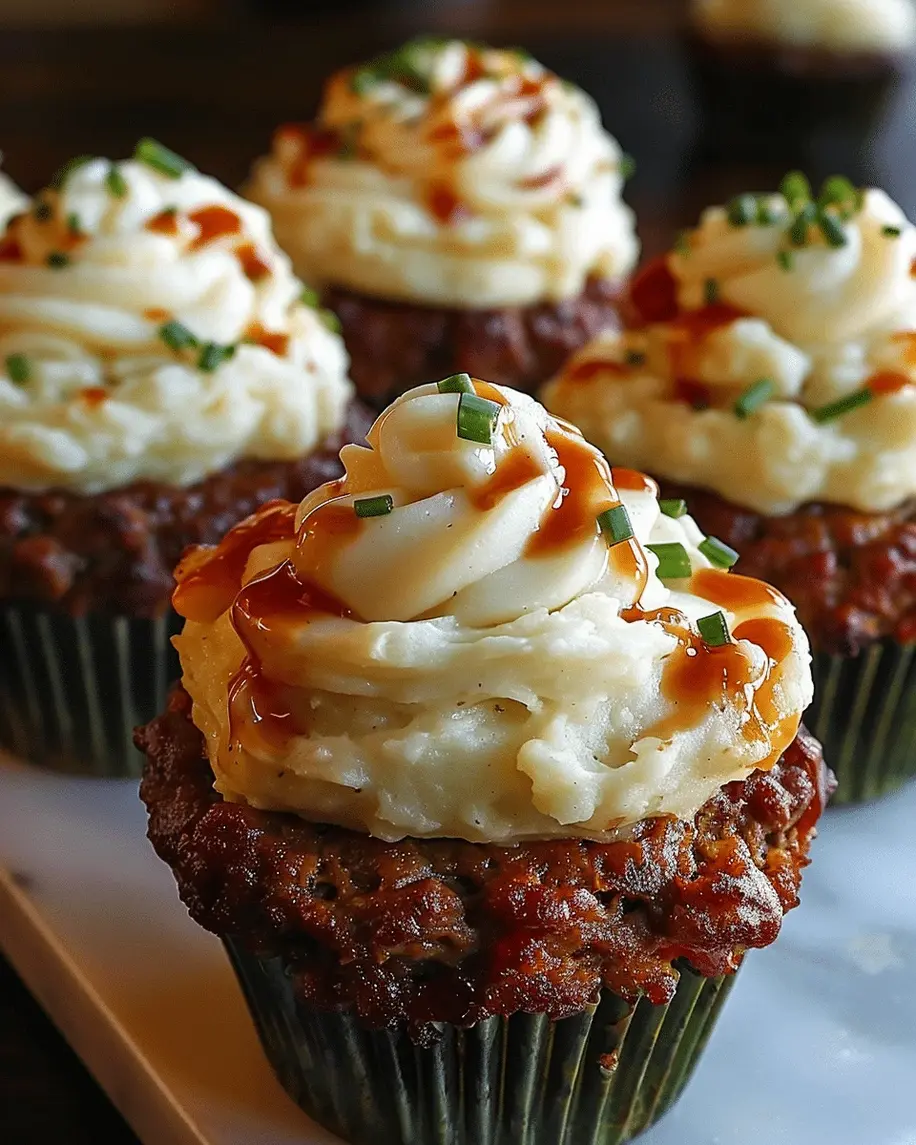 Finished meatloaf cupcakes topped with creamy whipped potato frosting, garnished and ready to serve