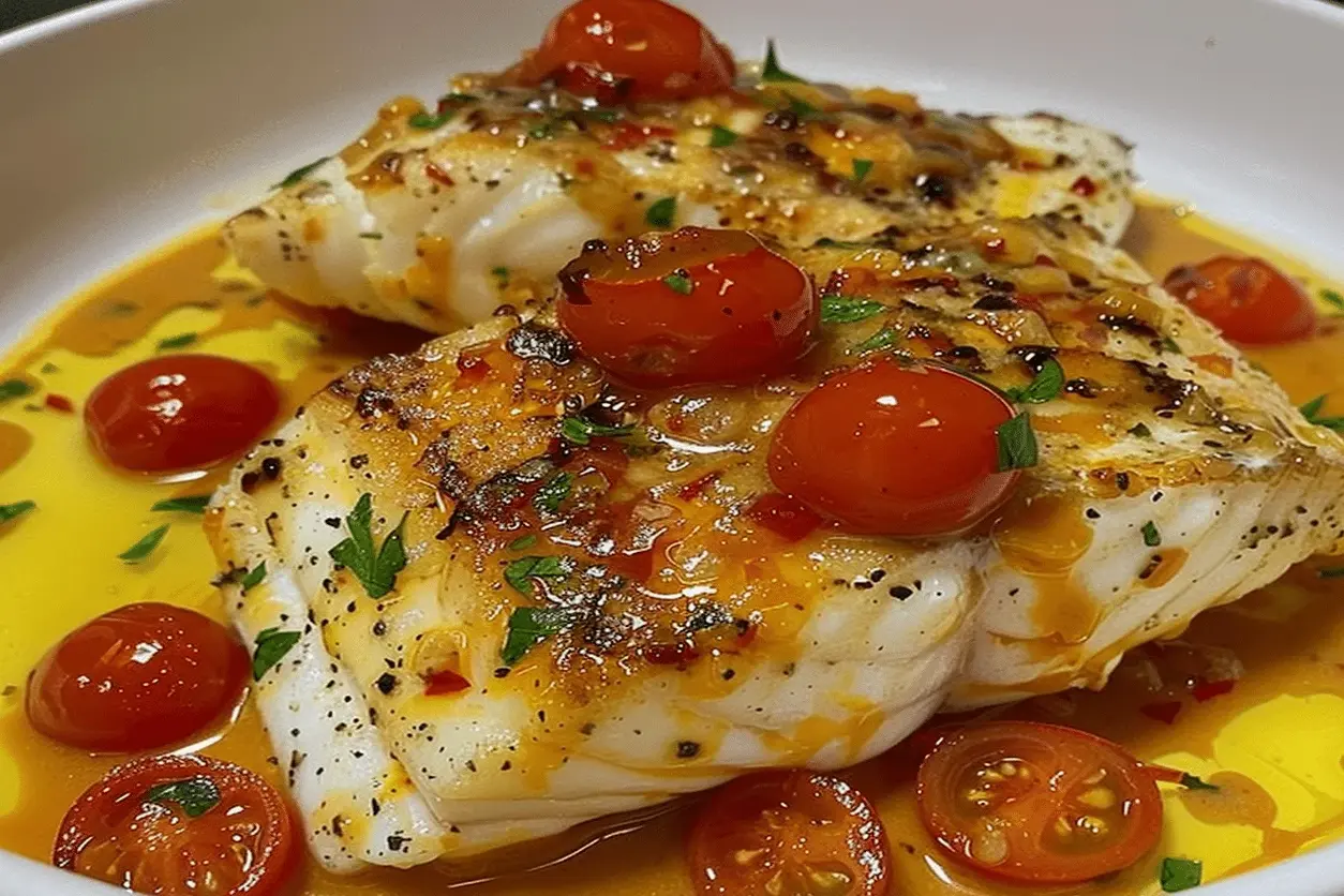 Fresh cod fillets ready to be cooked in a lemon butter tomato sauce, showcasing the vibrant ingredients.
