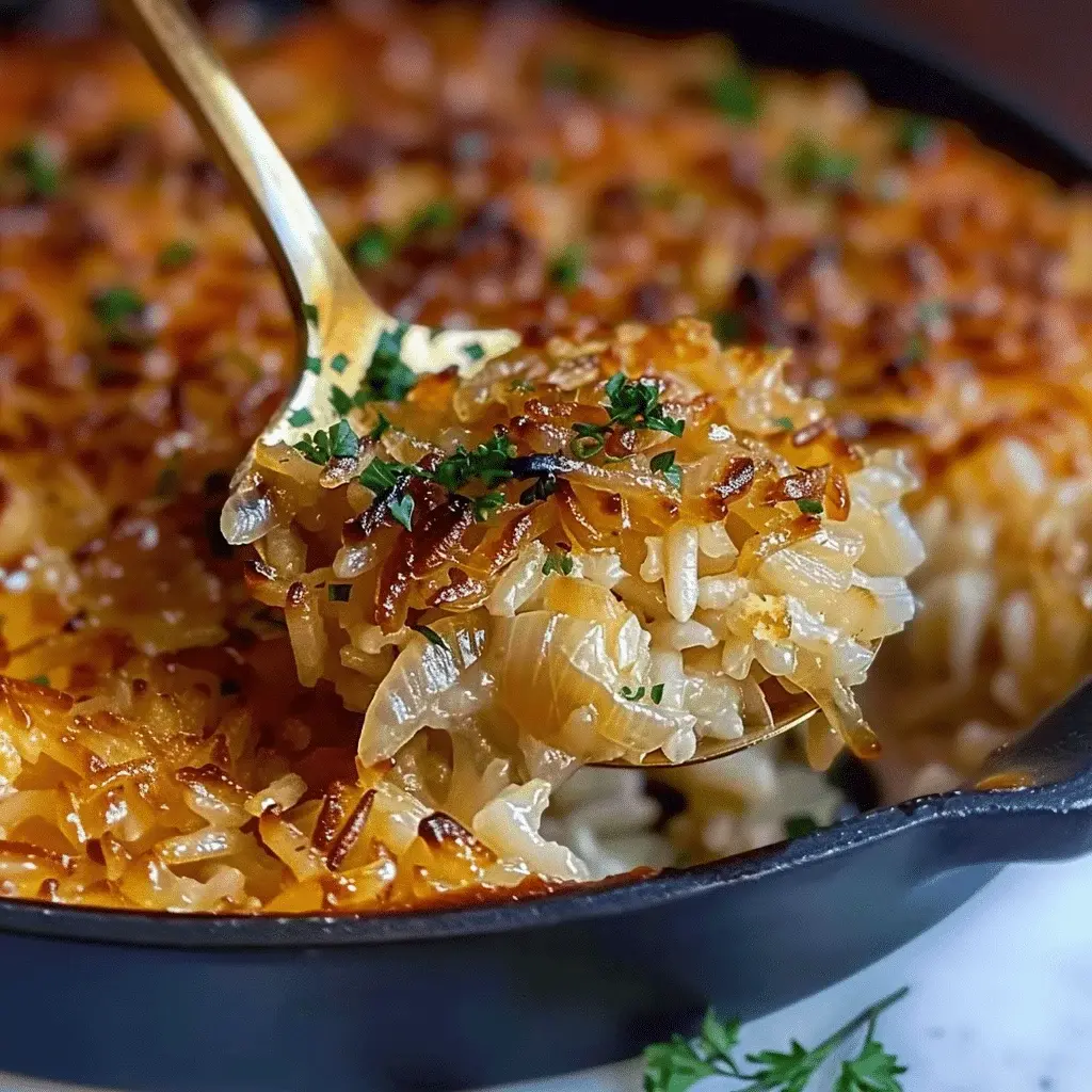 Finished French Onion Butter Rice garnished and ready to serve.