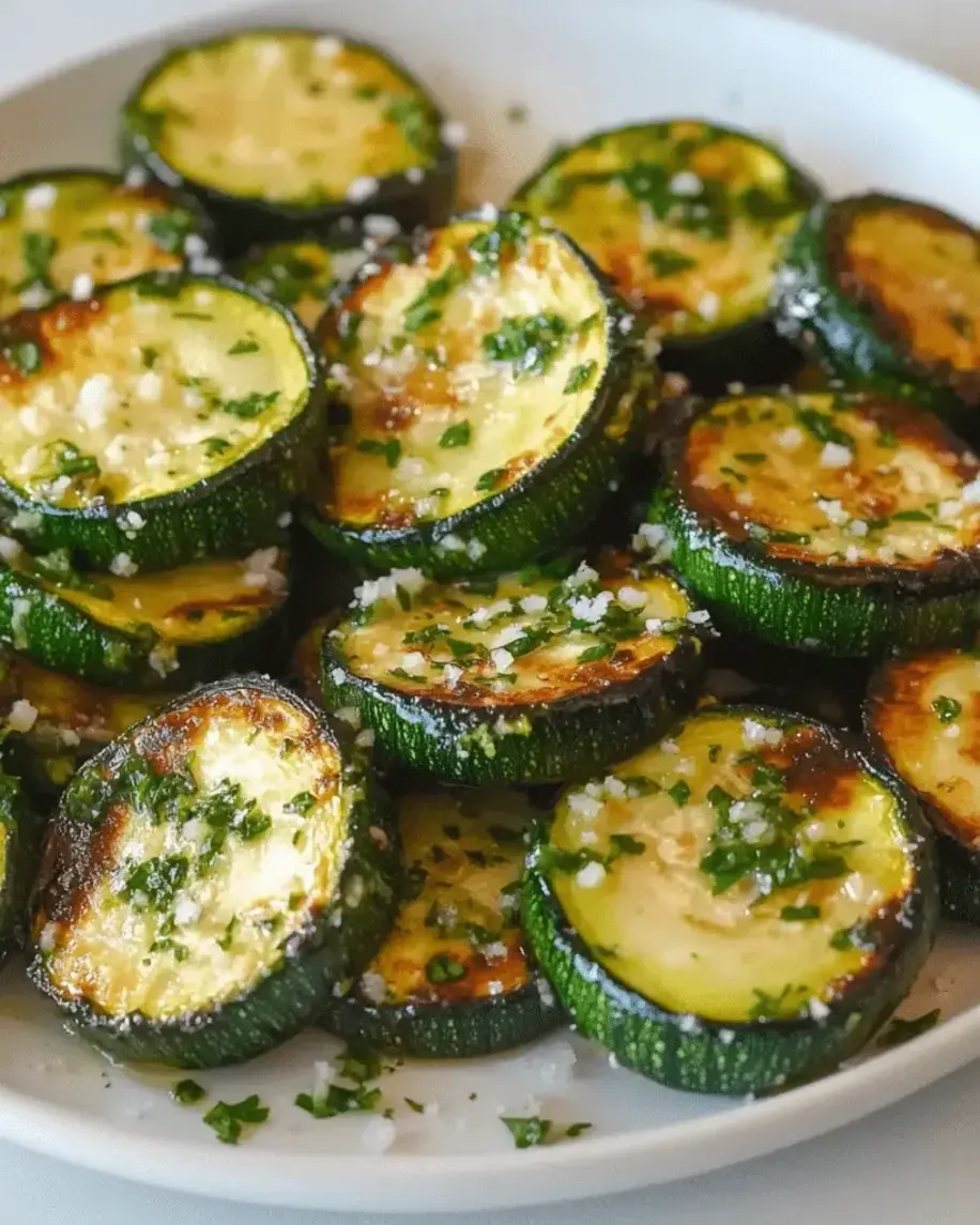 Delicious plated garlic and parsley zucchini rounds drizzled with olive oil, ready to serve as a hearty side dish.