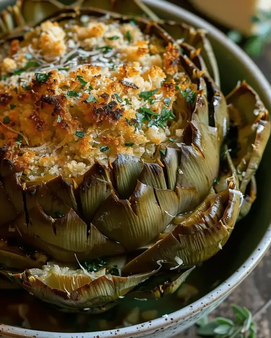 Fresh artichokes being prepared for stuffing with herbs and garlic