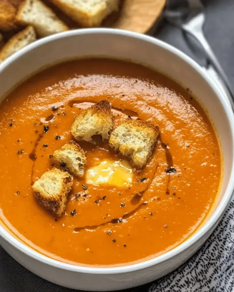 Delicious finished Roasted Red Pepper and Brie Soup ready to savor