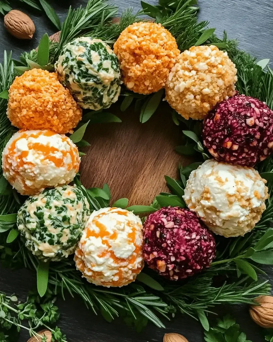 Step-by-step preparation image of the holiday cheese ball wreath, showing mixing and decorating process.