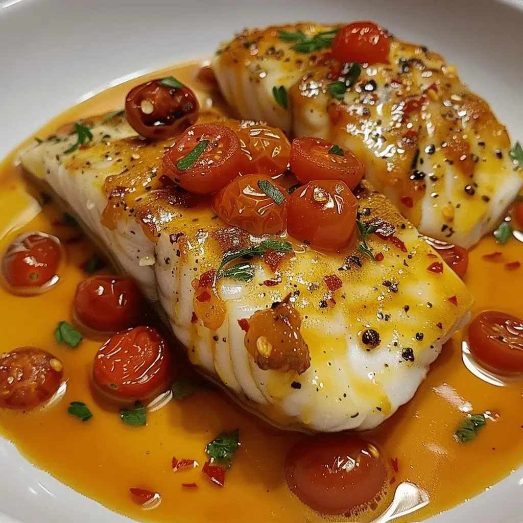 A finished serving of Cod in a Lemon Butter Tomato Sauce, plated with fresh herbs and ready to enjoy.