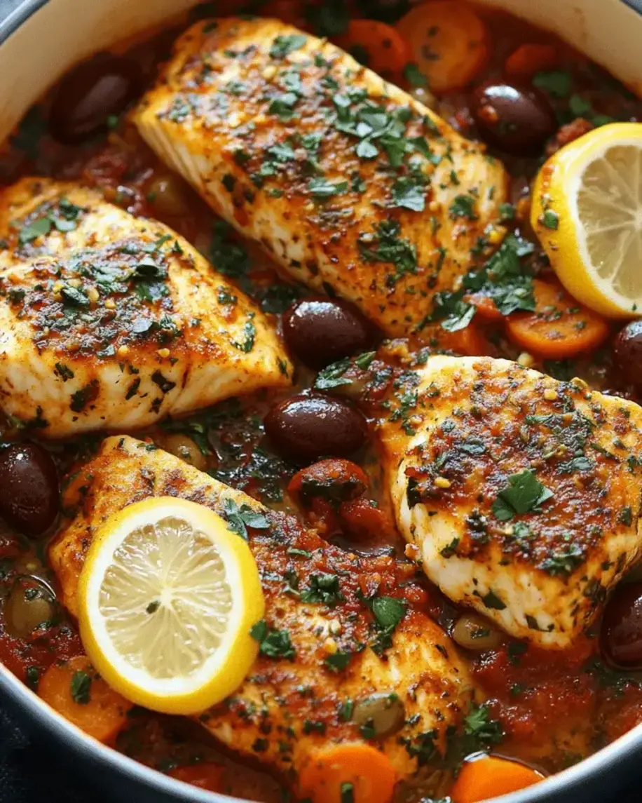 Finished Mediterranean baked fish with tomato and olive sauce dish