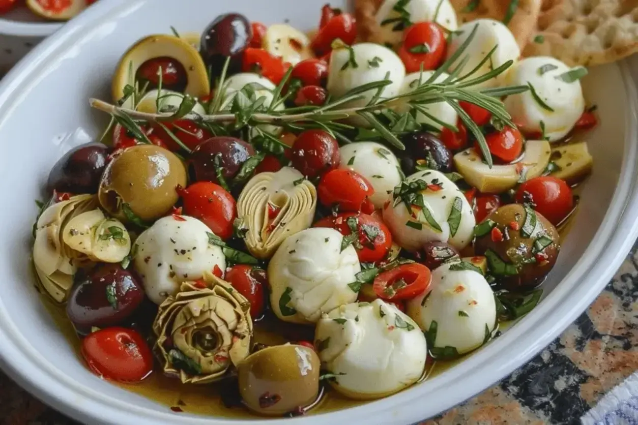 A plated serving of marinated mozzarella balls, artichokes, and olives garnished with herbs, ready for a dinner party.