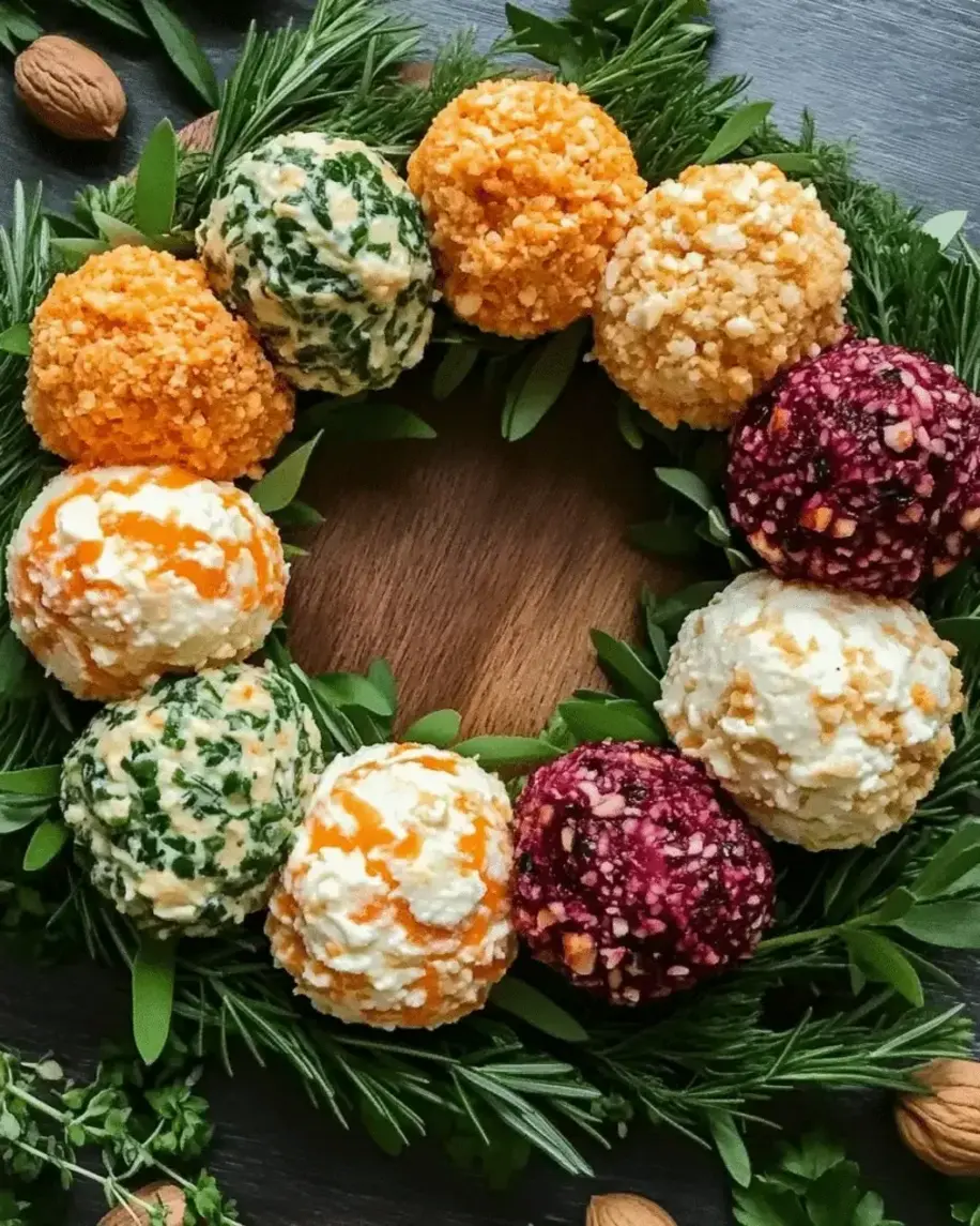 Festive holiday cheese ball wreath centerpiece with herbs and cranberries, shaped beautifully for gatherings.