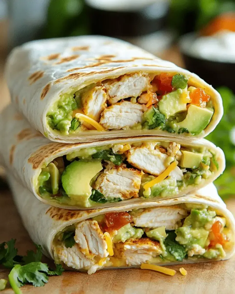 Chicken burrito slices on a plate with fresh garnishes