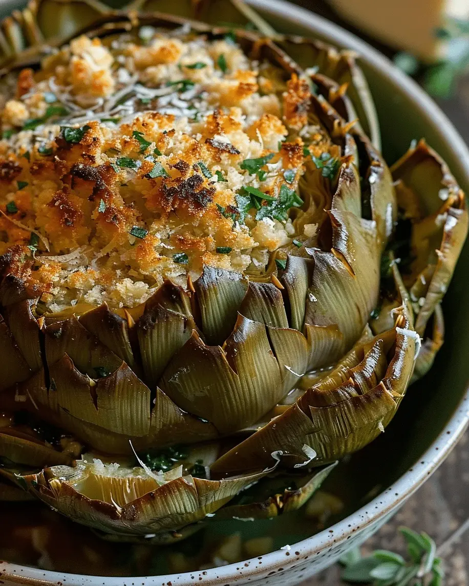 Gourmet presentation of Garlic and Herb Stuffed Artichokes ready to serve