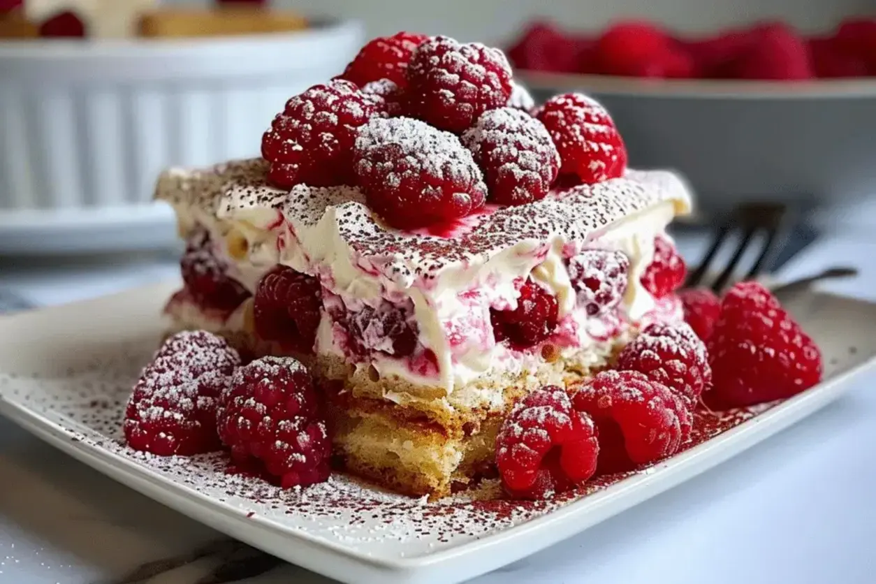 Finished raspberry tiramisu ready to serve with garnishes