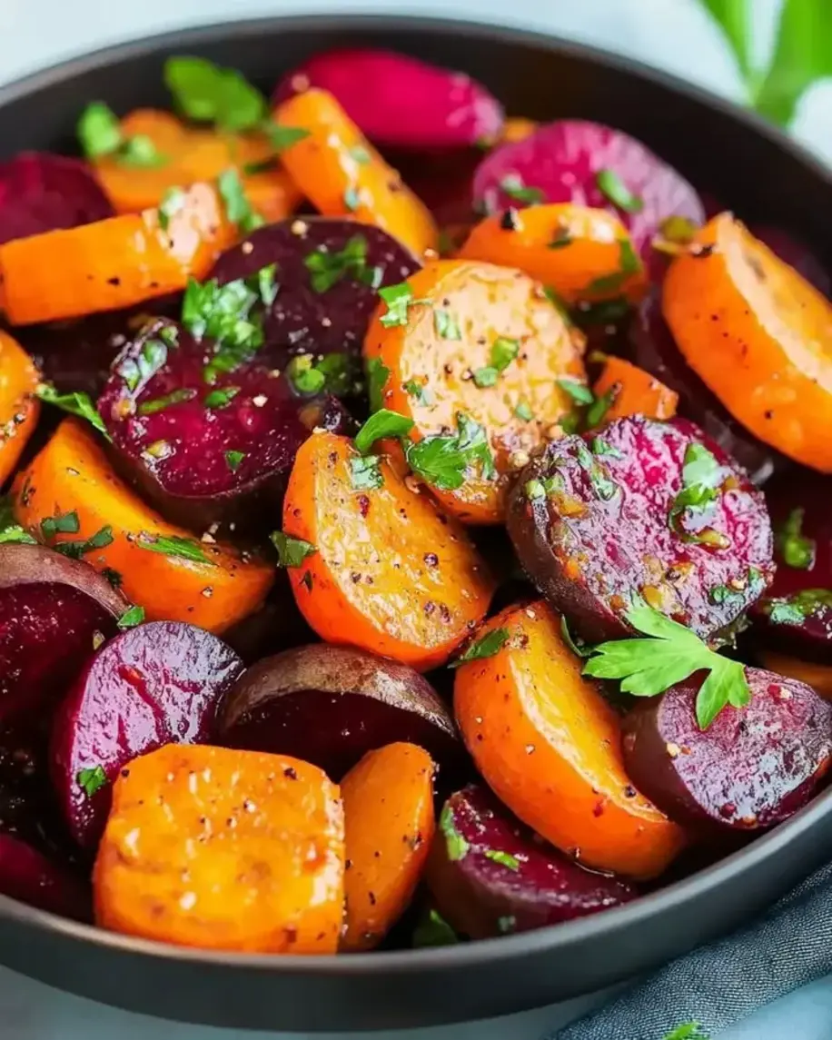 Roasted beets and carrots with maple syrup syrupy glaze