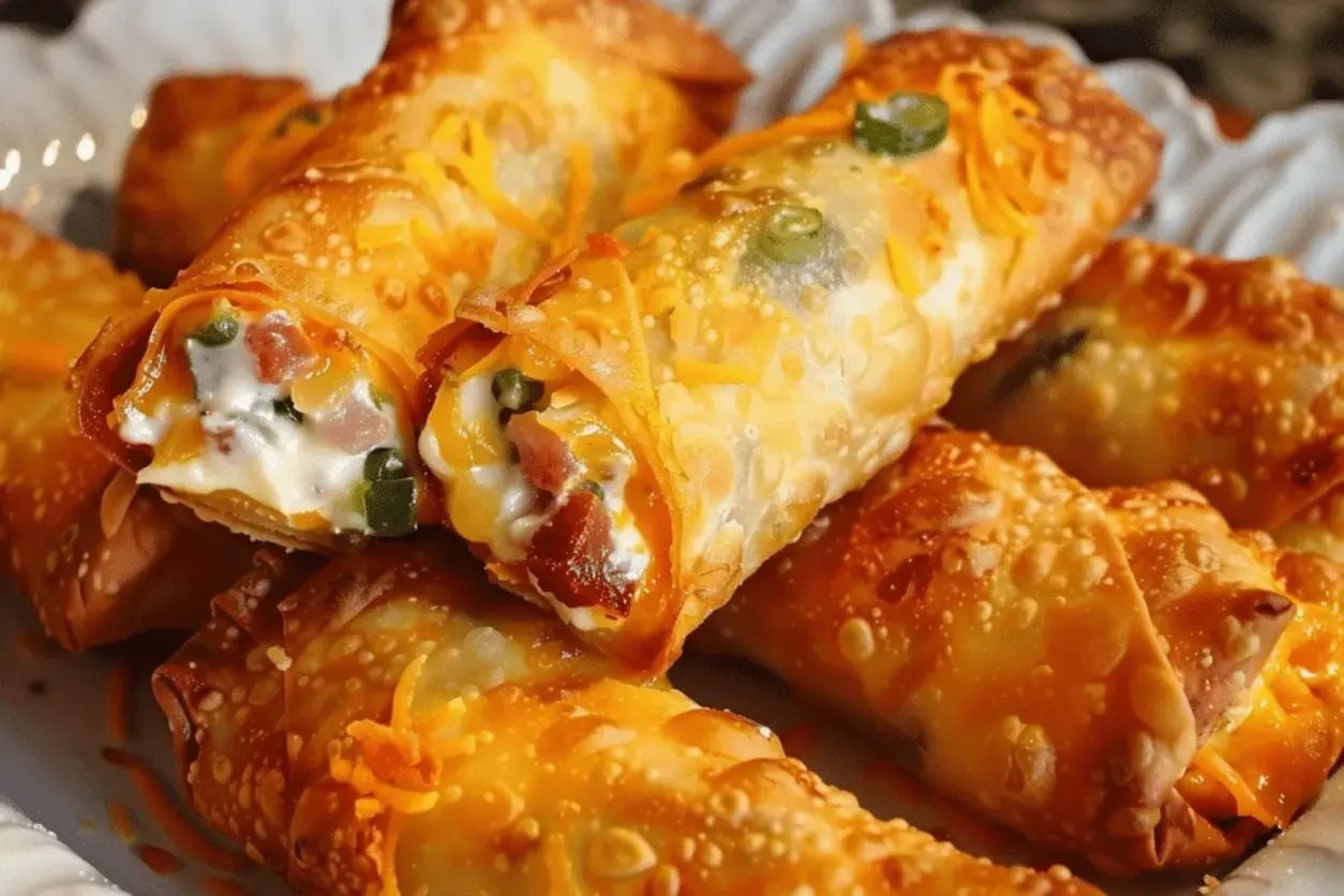Platter of Jalapeno Popper Egg Rolls with dipping sauces, ready for a party.