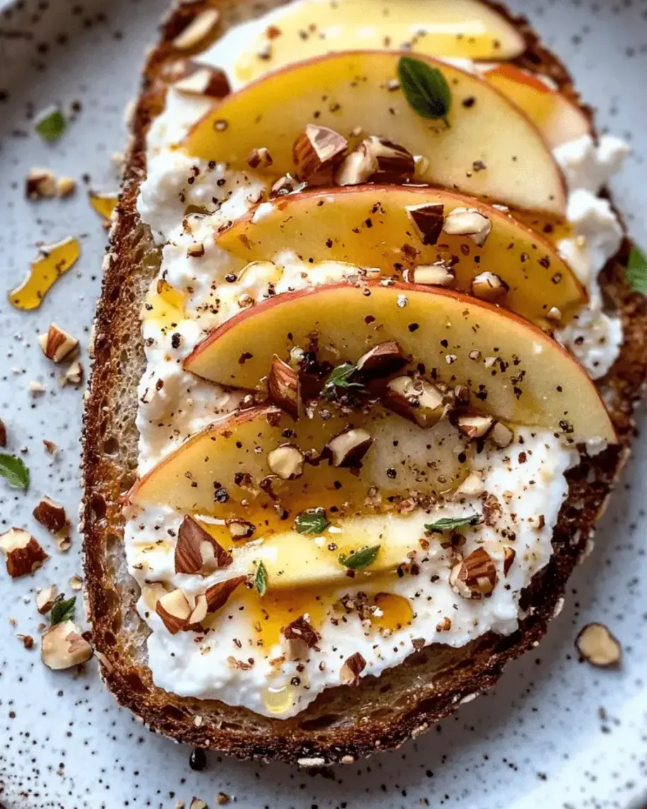 A plated finished Honeyed Apple & Burrata Toast, garnished and ready to enjoy