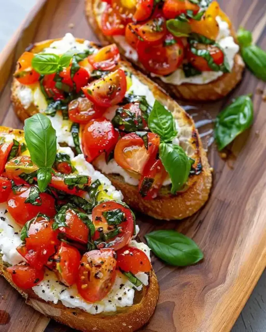 A stunning close-up of freshly assembled elegant Burrata Bruschetta on a wooden board, showcasing creamy burrata, vibrant tomatoes, and basil leaves on toasted bread.