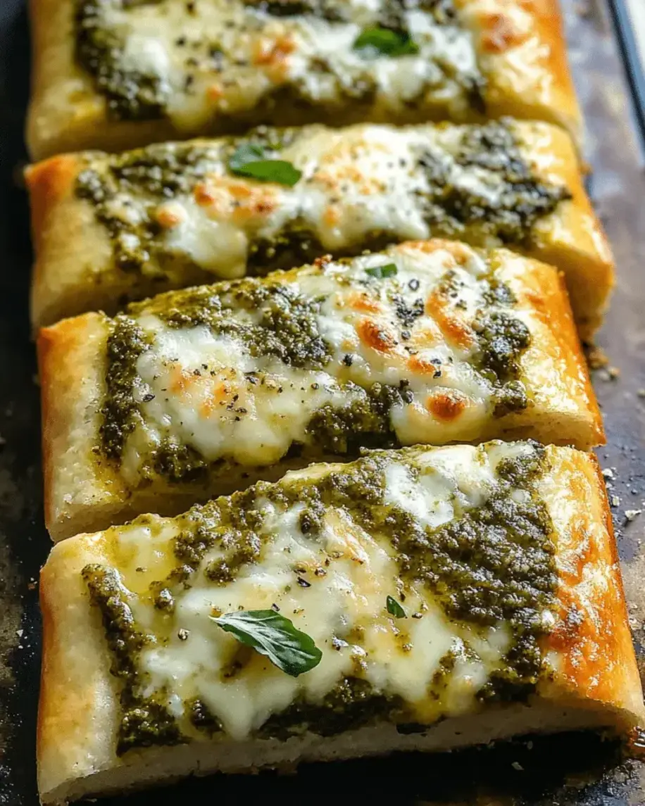 Close-up of sliced Garlic Pesto Bread showing the molten mozzarella and parmesan on a rustic serving board.