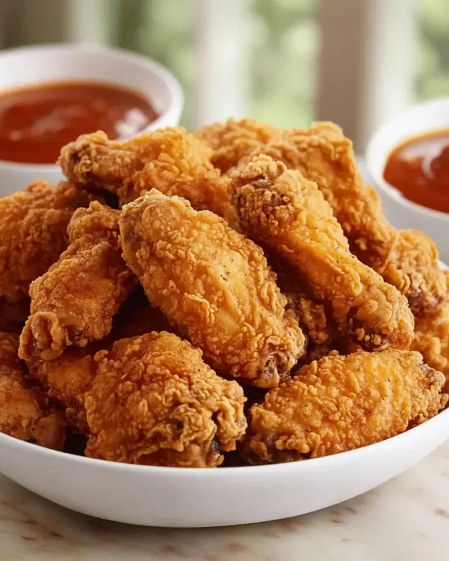 A close-up of crispy fried chicken wings being dipped in a savory sauce.