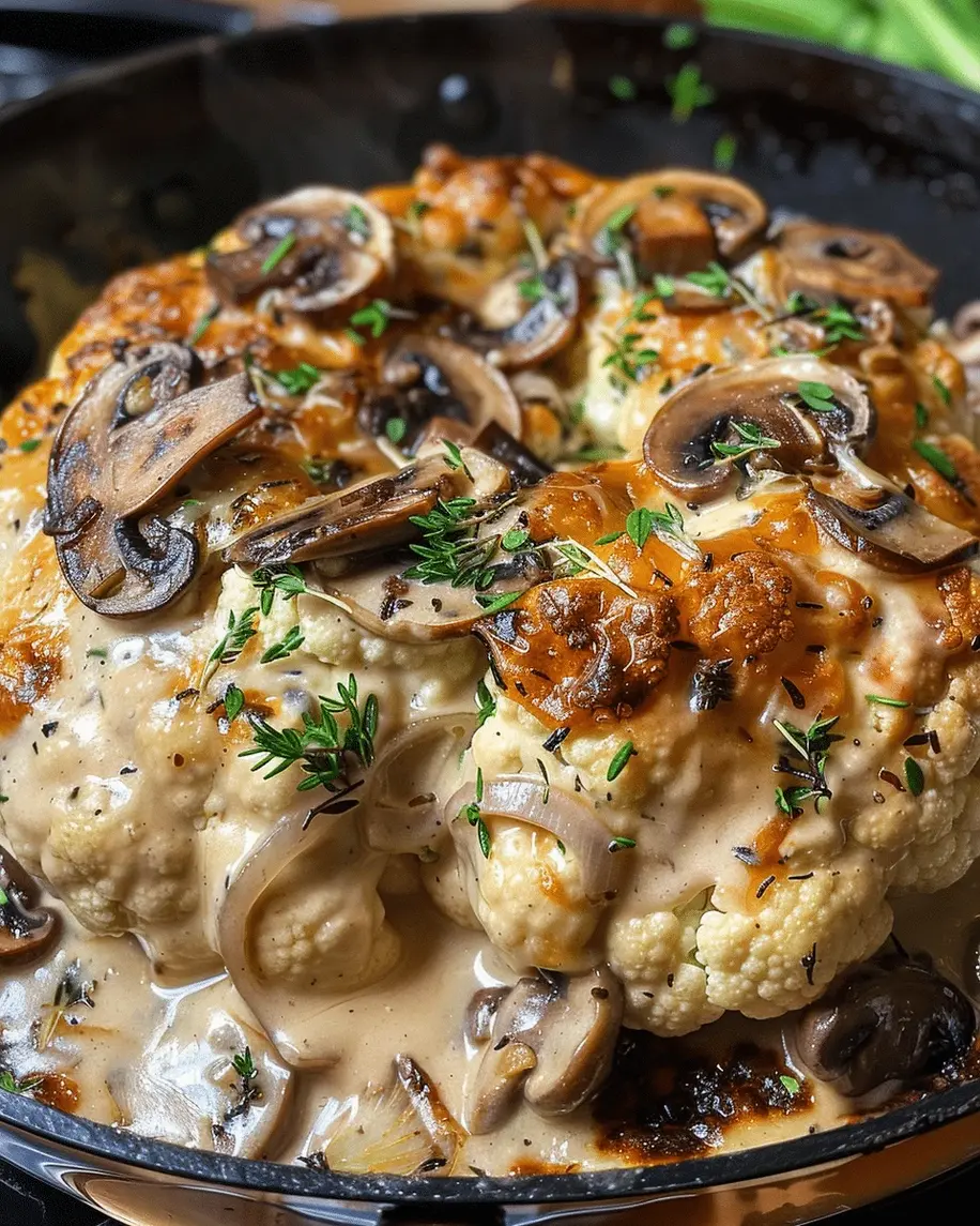Roasted head of cauliflower with mushroom sauce