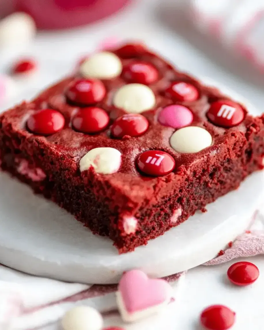 Sliced red velvet M&M cake bars on a white plate ready to serve