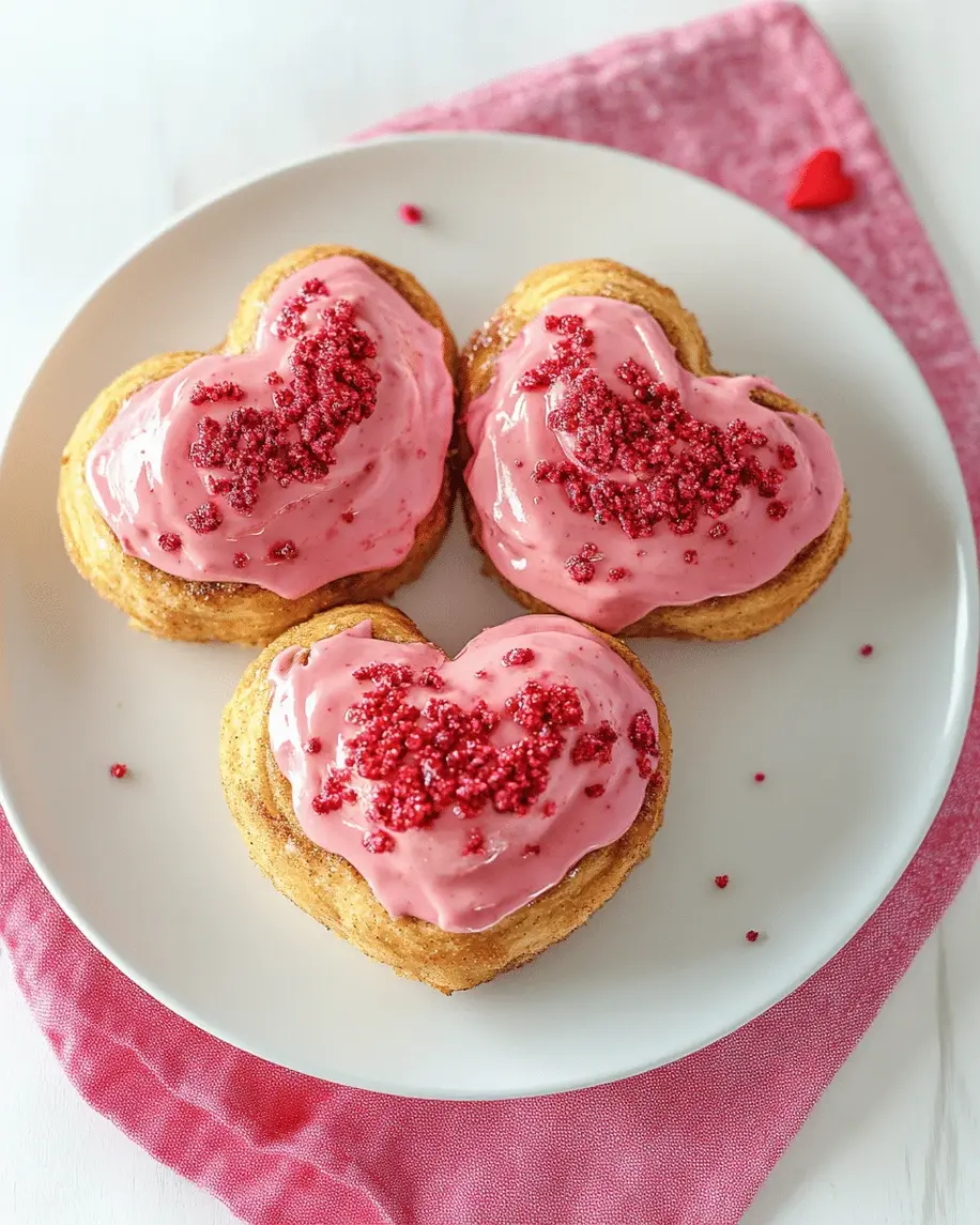 Close-up of freshly baked Easy Valentine’s Day Cinnamon Rolls with Pink Icing dripping from the pans