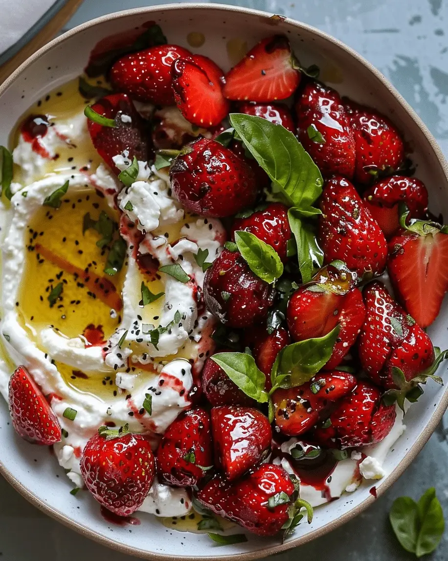 Close-up of creamy whipped feta topped with golden roasted strawberries, arranged on a wooden board with fresh herbs and a drizzle of honey.