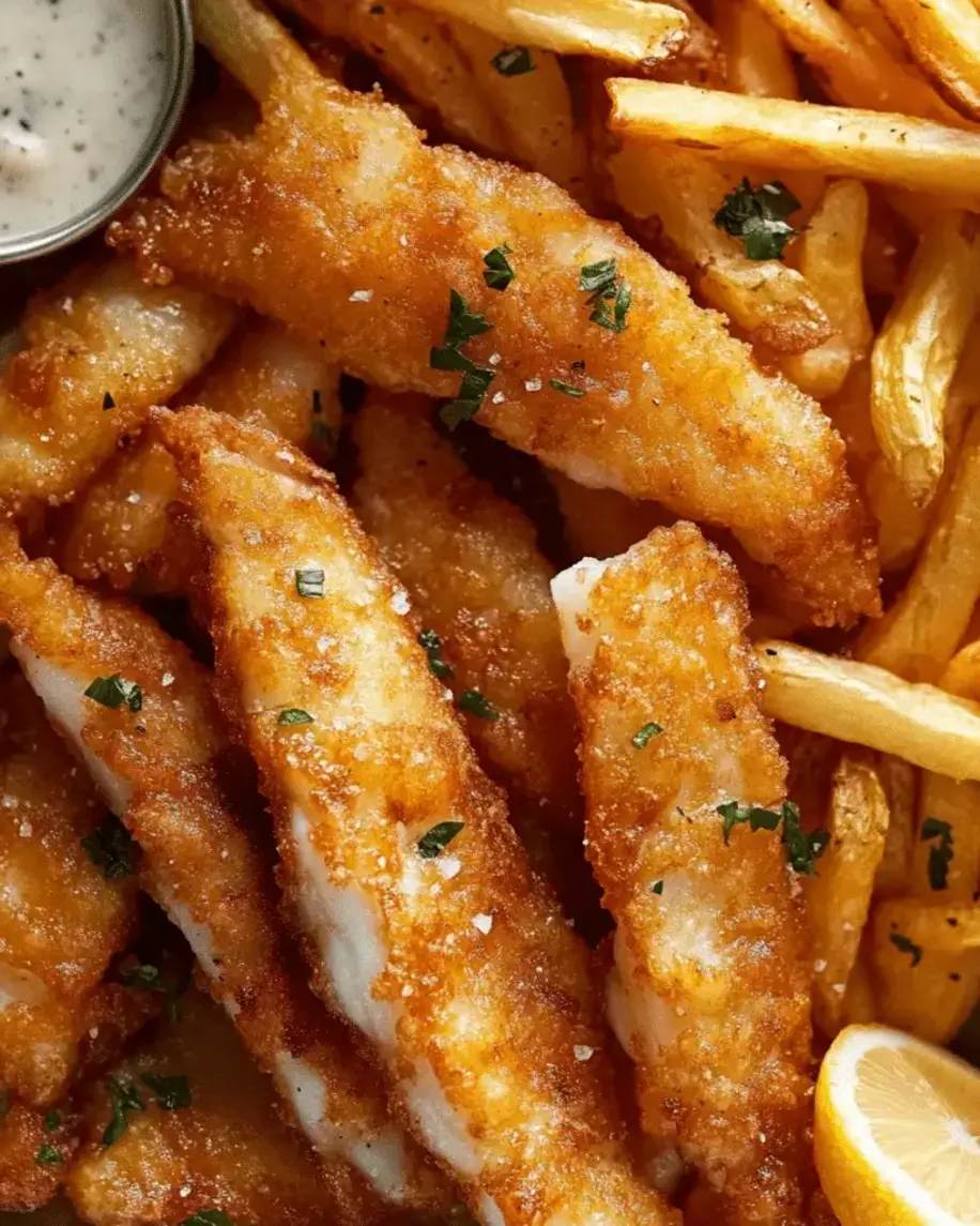 Close-up of golden crispy fish fillets and homemade fries with dipping sauce