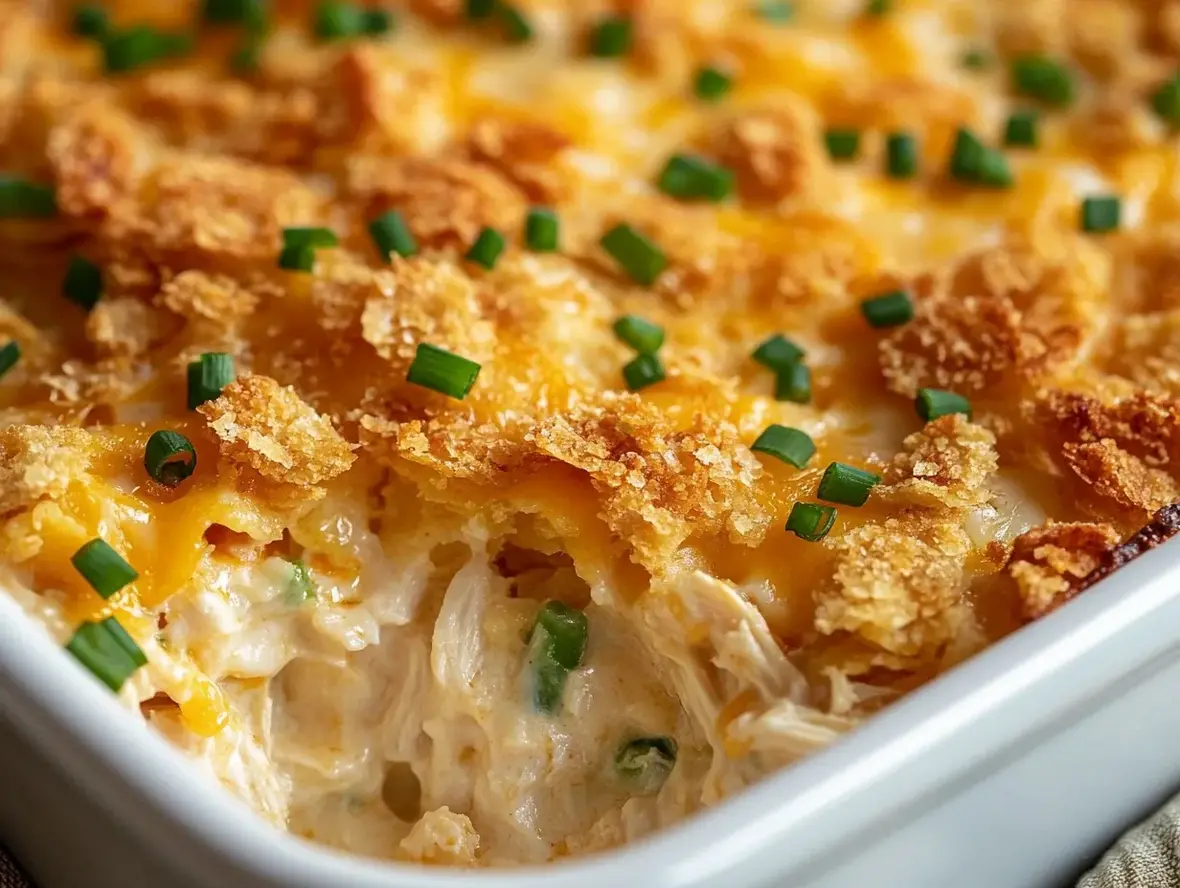 Delicious Chicken Hashbrown Casserole ready to be served.
