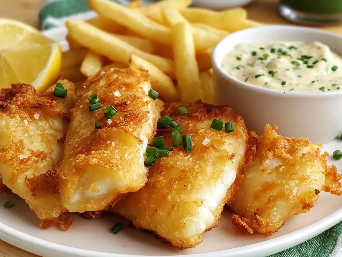 Golden brown crispy fish and chips on a plate with lemon slices and tartar sauce.