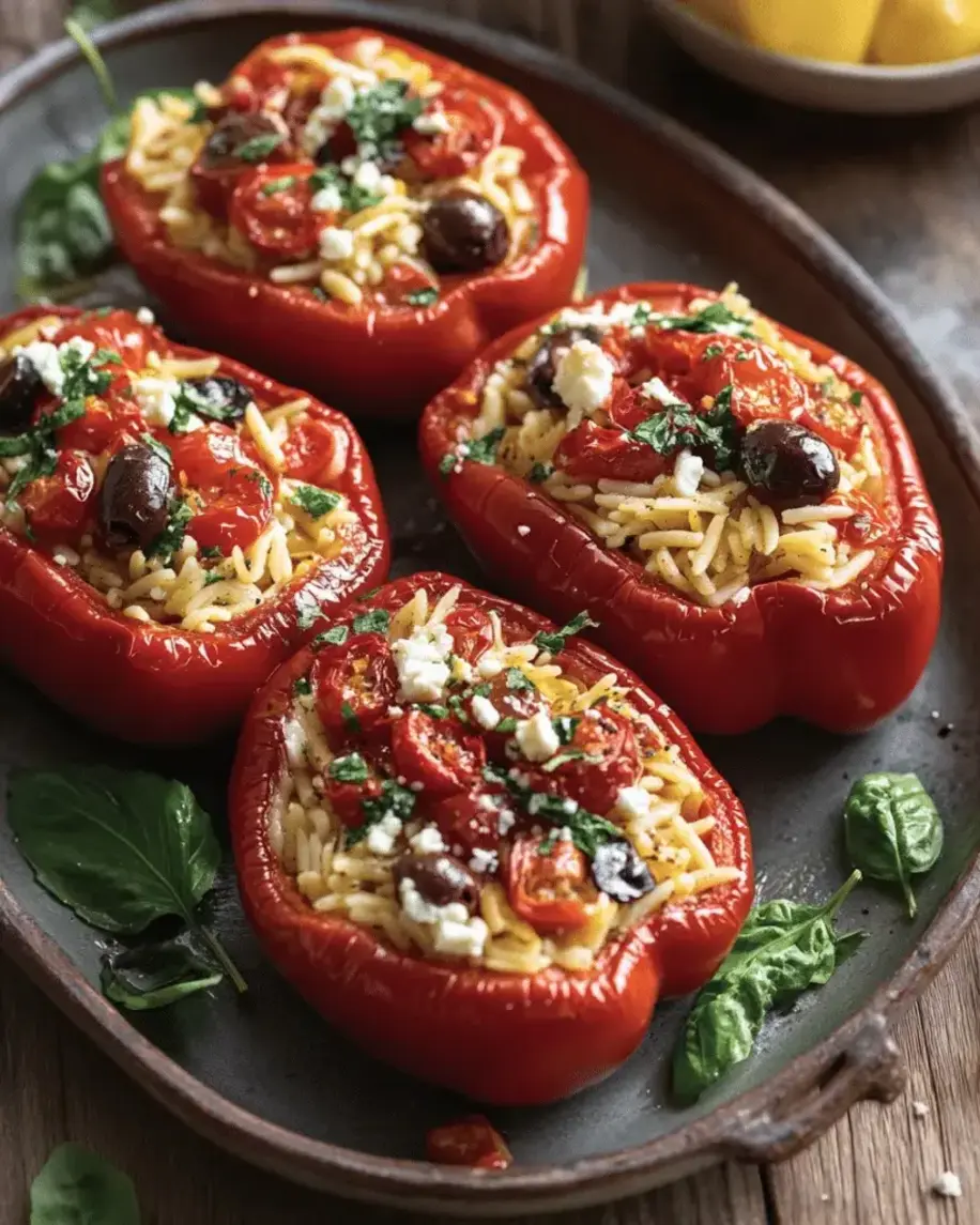 Finished Roasted Red Pepper Stuffed with Orzo and Feta dish on a platter, perfect for a Mediterranean-inspired meal.