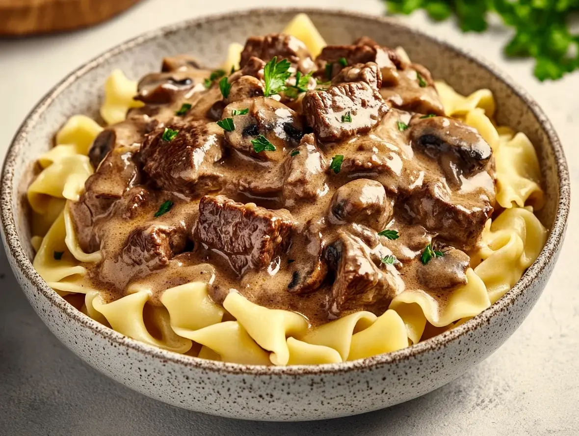 Delightful portion of Ground Beef Stroganoff served over egg noodles.