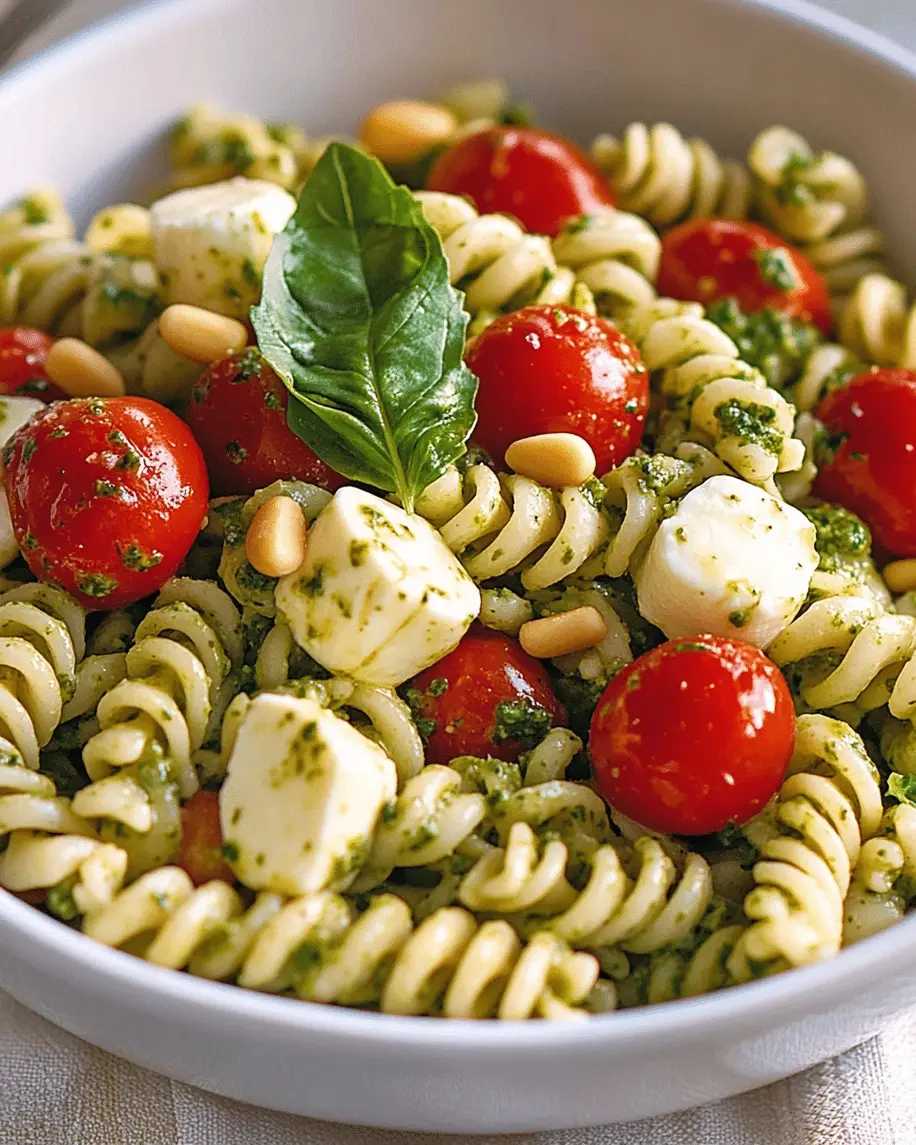 Vibrant Fresh Pesto Pasta Salad with Arugula and Cherry Tomatoes, ready to serve