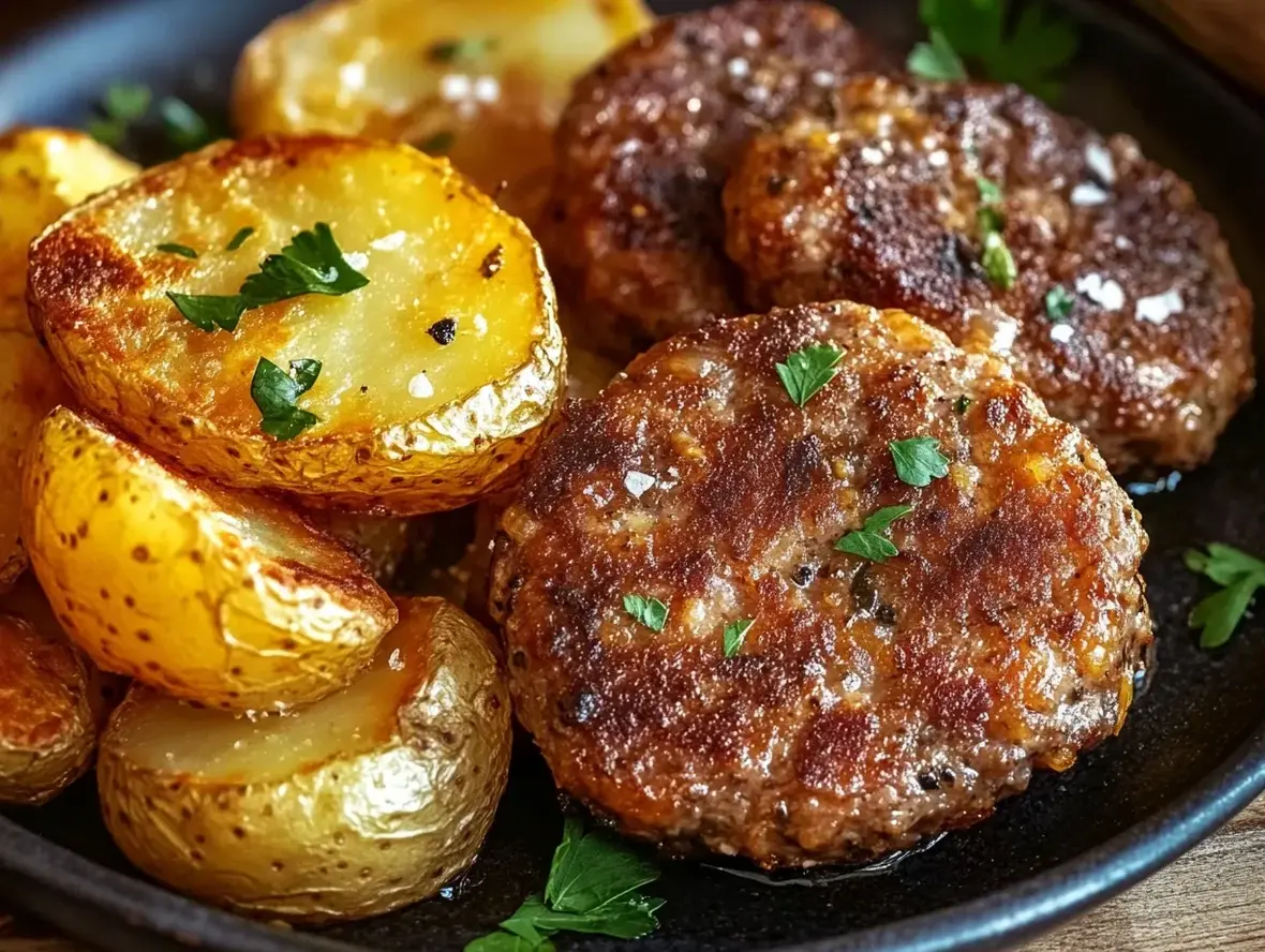 A steaming plate of authentic German meatballs with a rich sauce, garnished with fresh parsley.