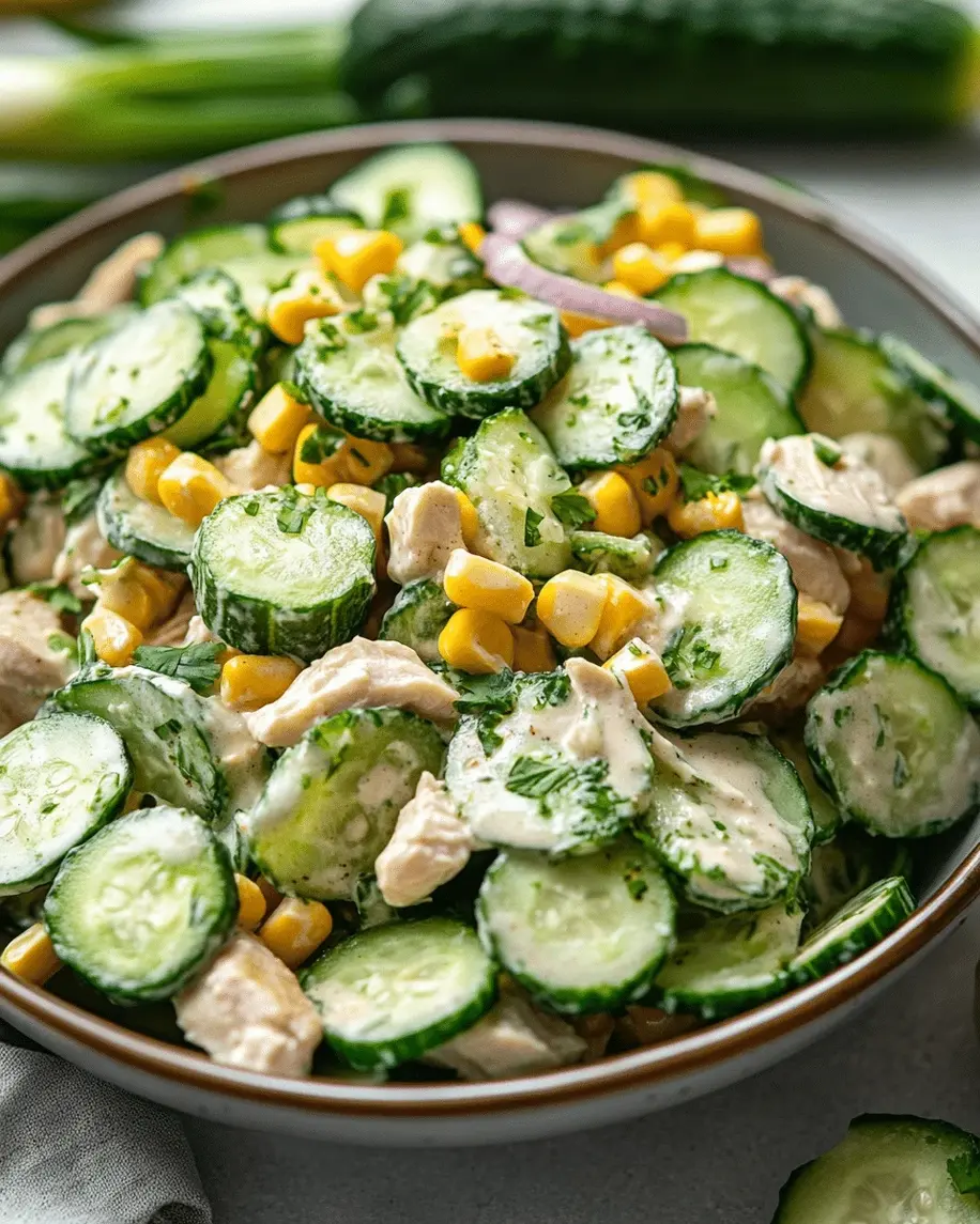 A vibrant, fresh healthy chicken and cucumber salad with creamy yogurt dressing, ready to serve